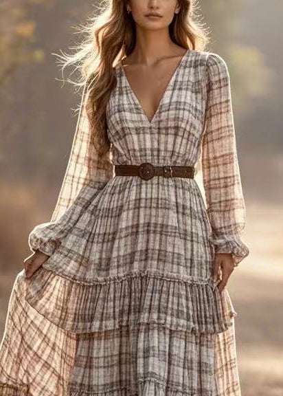 DIY Apricot Cinched Plaid Exra Large Hem Ankle Dress Spring