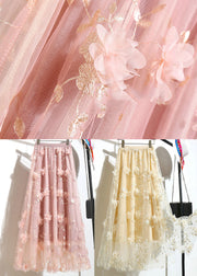 DIY Apricot Embroideried Floral Tulle A Line Skirts Summer