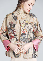 DIY Apricot O-Neck Embroideried Patchwork Chinese Button Silk Coats Spring