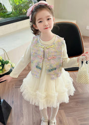 DIY Apricot O-Neck Girls Waistcoat And Tulle Long Dress Two Pieces Set Long Sleeve