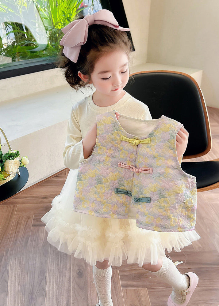 DIY Apricot O-Neck Girls Waistcoat And Tulle Long Dress Two Pieces Set Long Sleeve