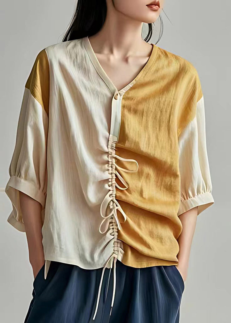 DIY Beige Cinched Asymmetrical Design Linen Blouse Top Summer