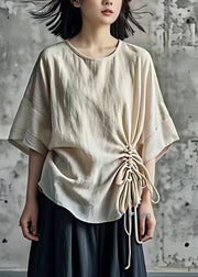 DIY Beige O-Neck Drawstring Shirt Summer