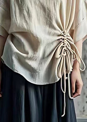 DIY Beige O-Neck Drawstring Shirt Summer