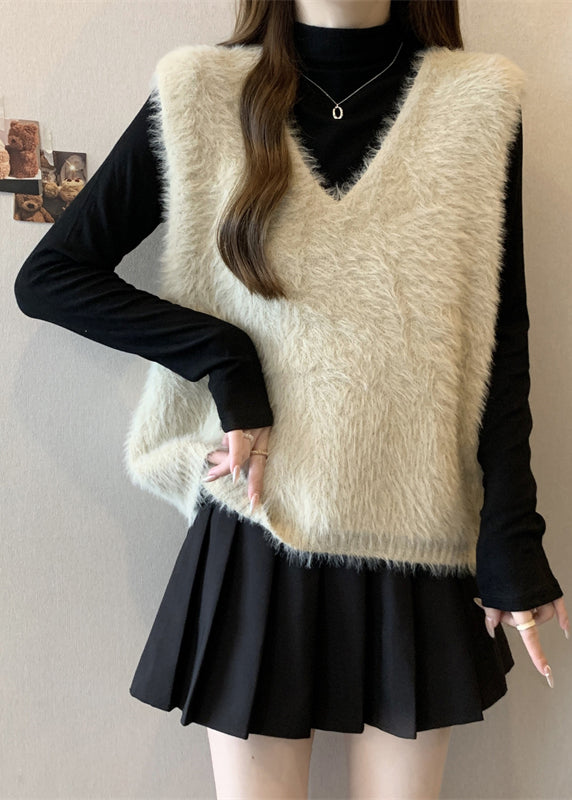 DIY Beige V Neck Cozy Faux Fur Knit Top Fall