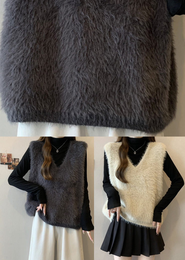 DIY Beige V Neck Cozy Faux Fur Knit Top Fall