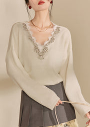 DIY Beige V Neck Lace Patchwork Cozy Cotton Knit Sweaters Spring