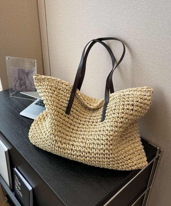 DIY Beige Zip Up Patchwork Straw Woven Satchel Bag Handbag