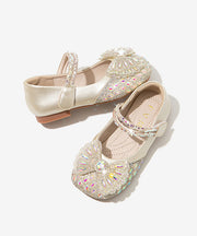 DIY Beige Zircon Buckle Strap Kids Flat Shoes