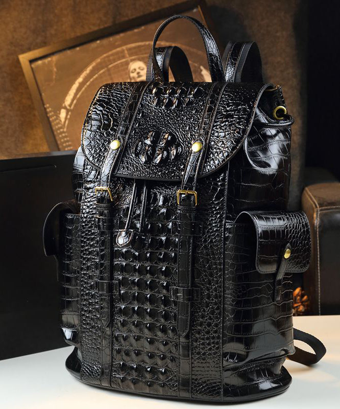 DIY Black Alligator Pattern Large Capacity Faux Leather Backpack Bag