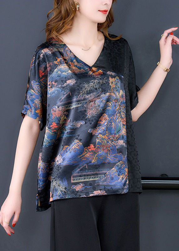 DIY Black Asymmetrical Patchwork Print Silk Shirts Short Sleeve