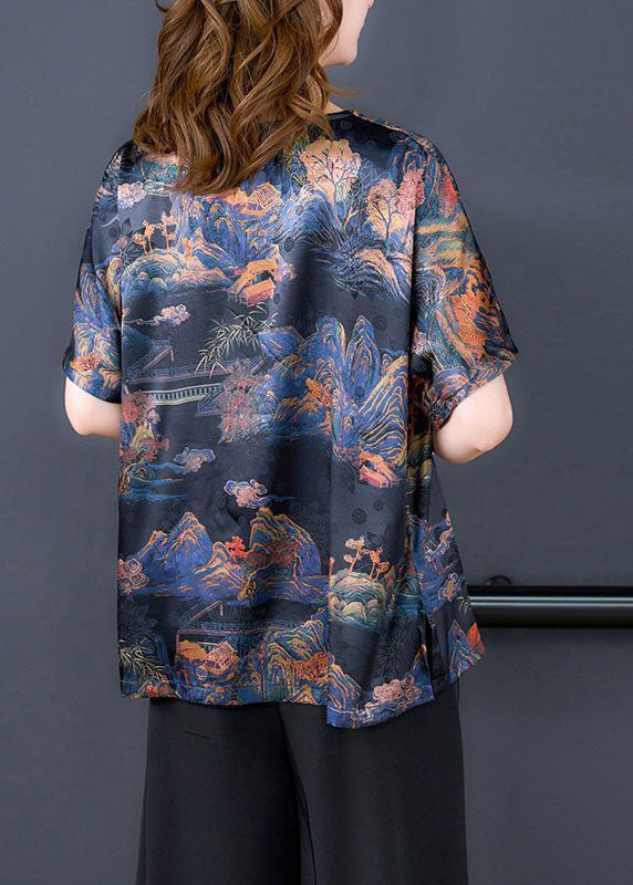 DIY Black Asymmetrical Patchwork Print Silk Shirts Short Sleeve