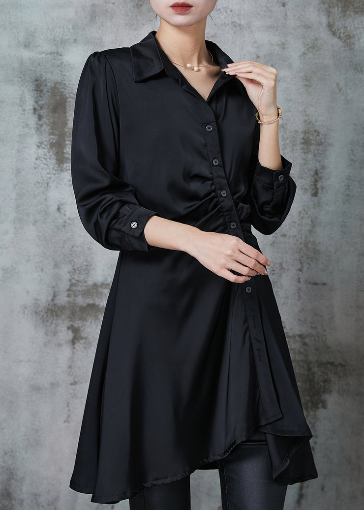 DIY Black Asymmetrical Wrinkled Chiffon Mid Dress Spring