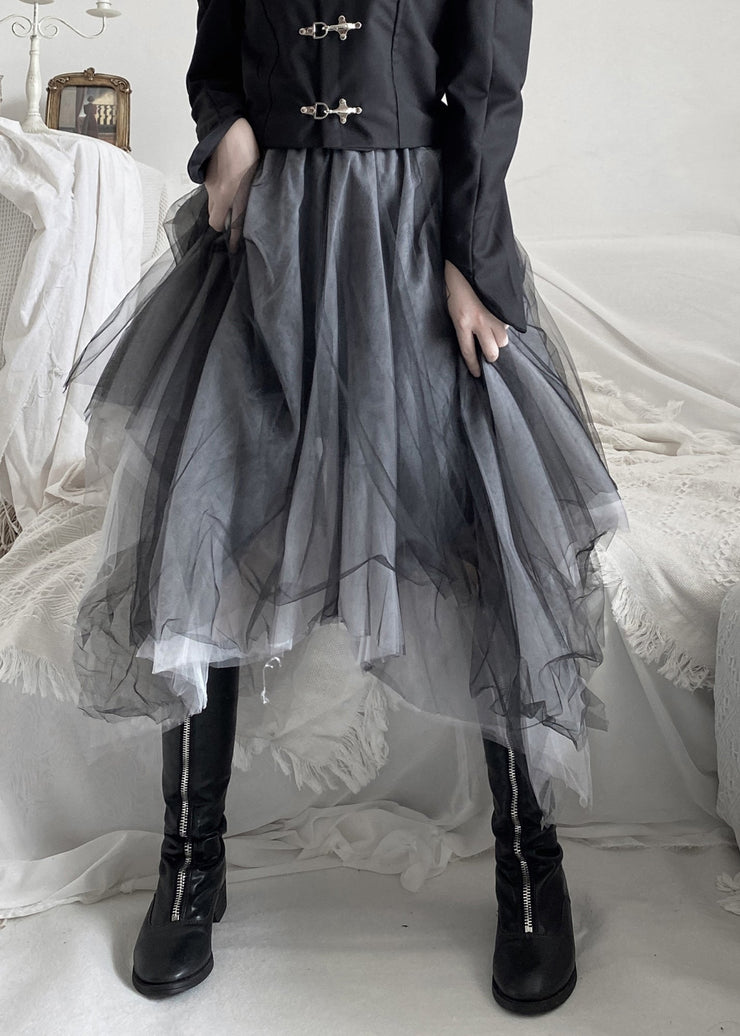 DIY Black Asymmetrical Wrinkled Solid Tulle A Line Skirt Fall