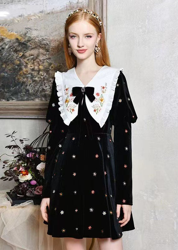 DIY Black Bow Collar Embroideried Silk Velour Dresses Spring