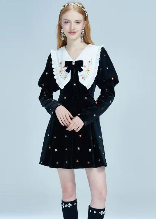 DIY Black Bow Collar Embroideried Silk Velour Dresses Spring