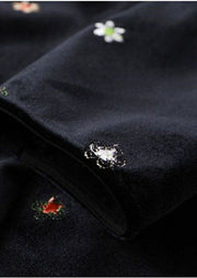 DIY Black Bow Collar Embroideried Silk Velour Dresses Spring