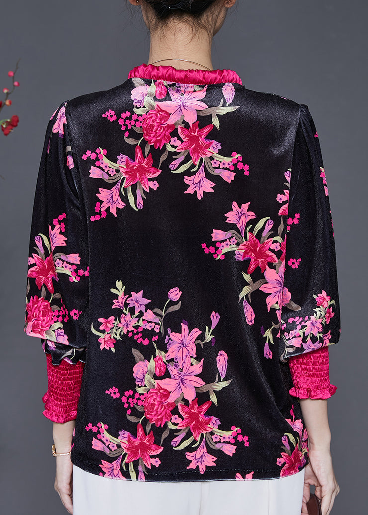 DIY Black Bow Collar Print Silk Velour Shirt Spring