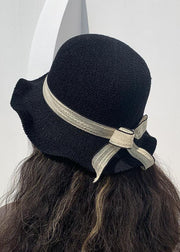 DIY Black Bow Patchwork Straw Woven Bucket Hat