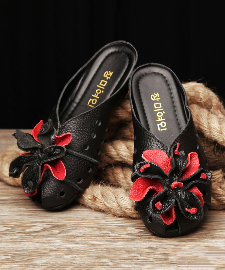 DIY Black Cowhide Leather Splicing Slide Sandals