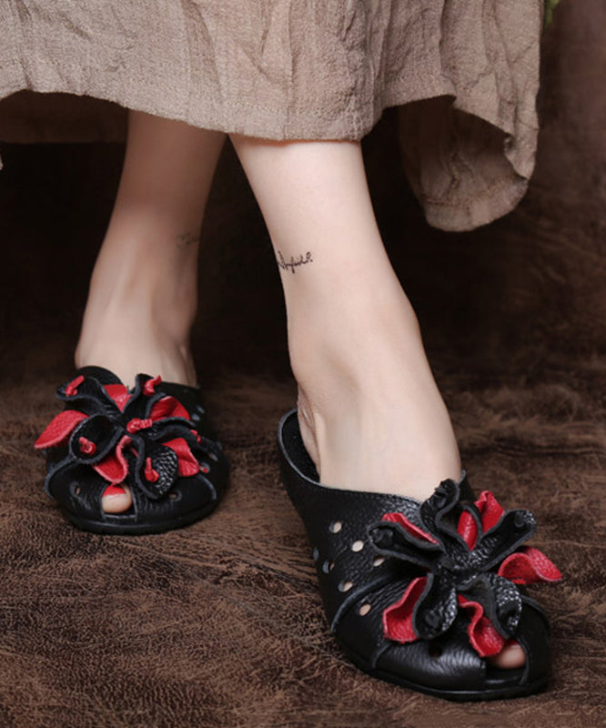 DIY Black Cowhide Leather Splicing Slide Sandals