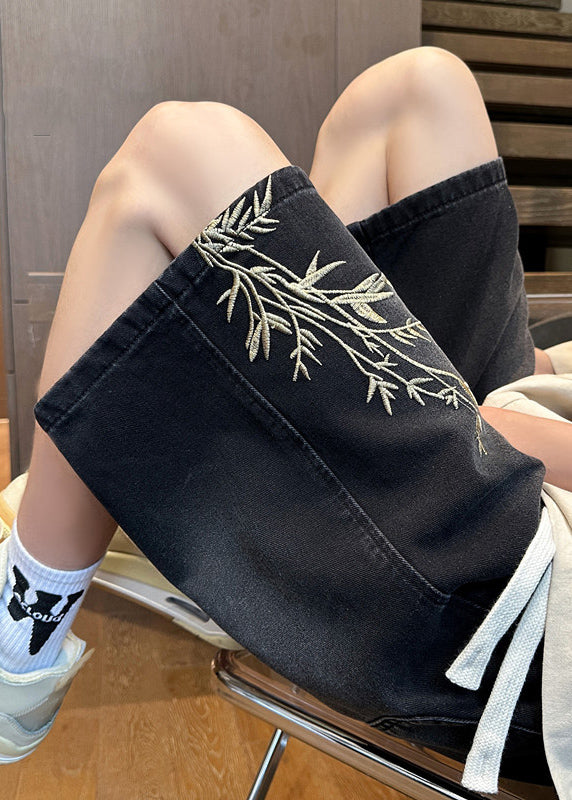 DIY Black Embroideried Pockets Denim Shorts Men Apparel Summer