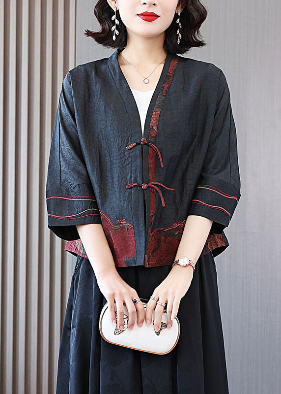 DIY Black Embroideried Tasseled Patchwork Silk Coats Spring