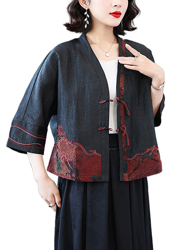 DIY Black Embroideried Tasseled Patchwork Silk Coats Spring