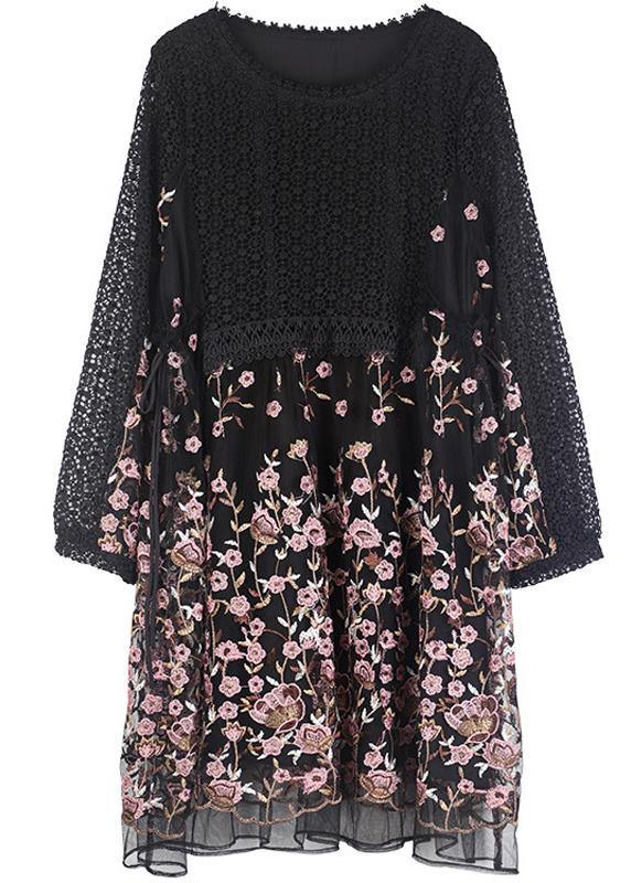 DIY Black Embroidery Lace Patchwork Summer Ankle Dress