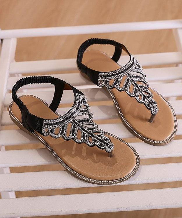 DIY Black Faux Leather Flip Walking Sandals Splicing Zircon