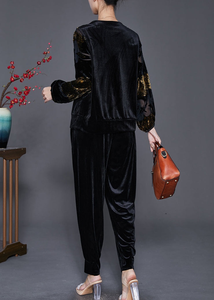 DIY Black Hollow Out Zircon Silk Velour 2 Piece Outfit Fall