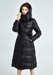 DIY Black Hooded Lengthen Duck Down Cinch Coats Winter