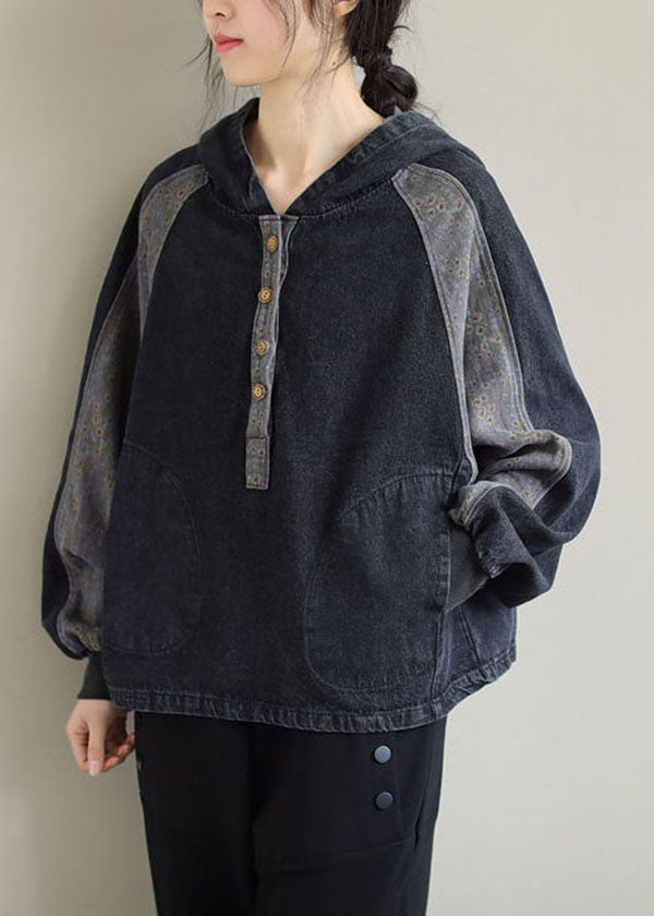 DIY Black Hooded Patchwork Pockets Denim Tops Spring