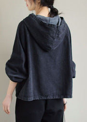 DIY Black Hooded Patchwork Pockets Denim Tops Spring