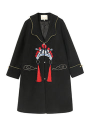 DIY Black Notched Embroideried Button Woolen Trench Coats Winter