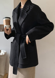 DIY Black Notched Tie Waist Solid Woolen Coats Fall