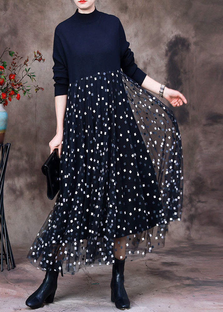 DIY Black O-Neck Knit Patchwork Tulle Maxi Dress Long Sleeve