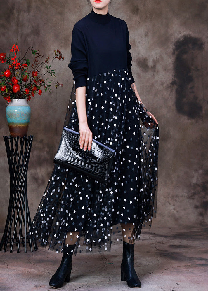 DIY Black O-Neck Knit Patchwork Tulle Maxi Dress Long Sleeve