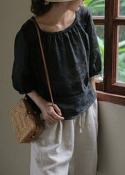 DIY Black O Neck Patchwork Back Side Open Linen Shirt Top Summer