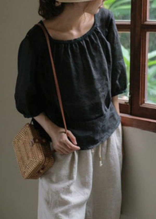 DIY Black O Neck Patchwork Back Side Open Linen Shirt Top Summer