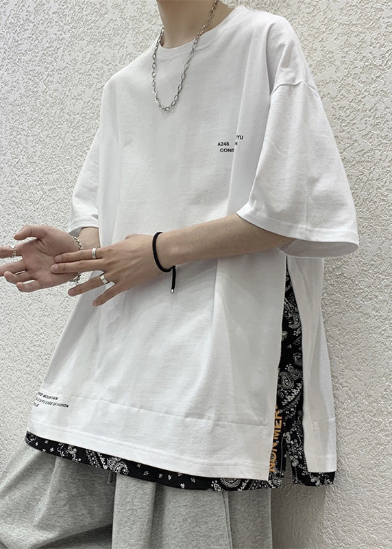 DIY Black O Neck Patchwork False Two Pieces Cotton Mens T Shirts Summer