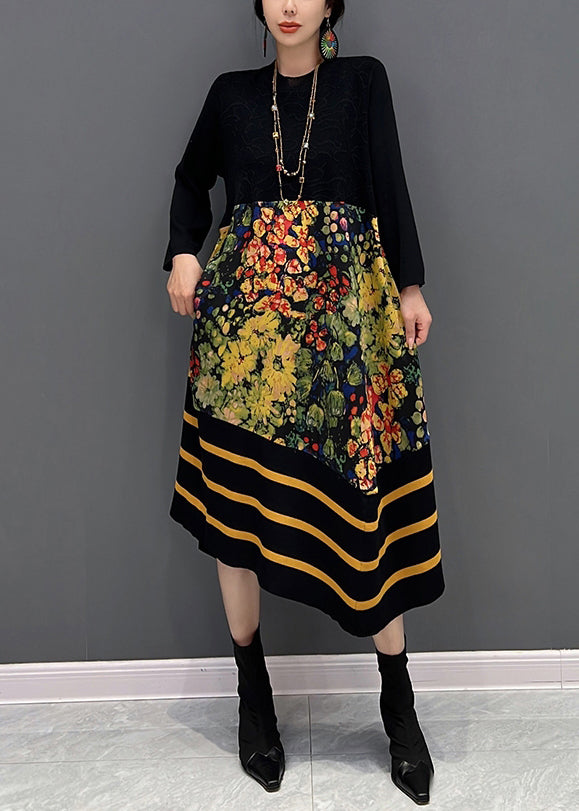 DIY Black O-Neck Print Striped Patchwork Knit Long Dresses Fall