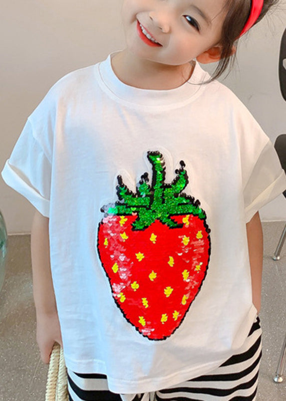 DIY Black O-Neck Strawberry Print Girls T Shirt Short Sleeve