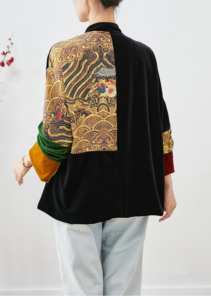 DIY Black Oversized Patchwork Chinese Button Silk Velour Coat Fall