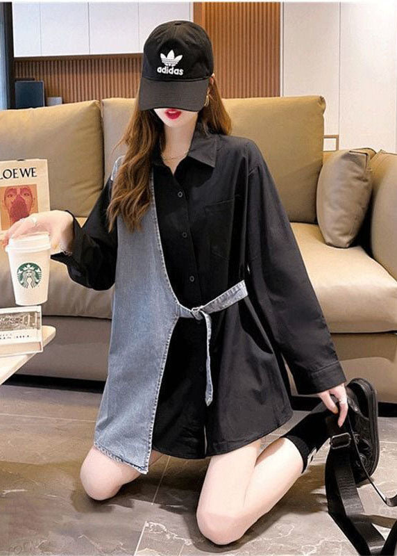 DIY Black Peter Pan Collar Denim Patchwork Cotton Fake Two Piece Shirts Fall