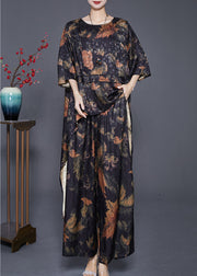 DIY Black Print Low High Design Silk Two-Piece Set Summer