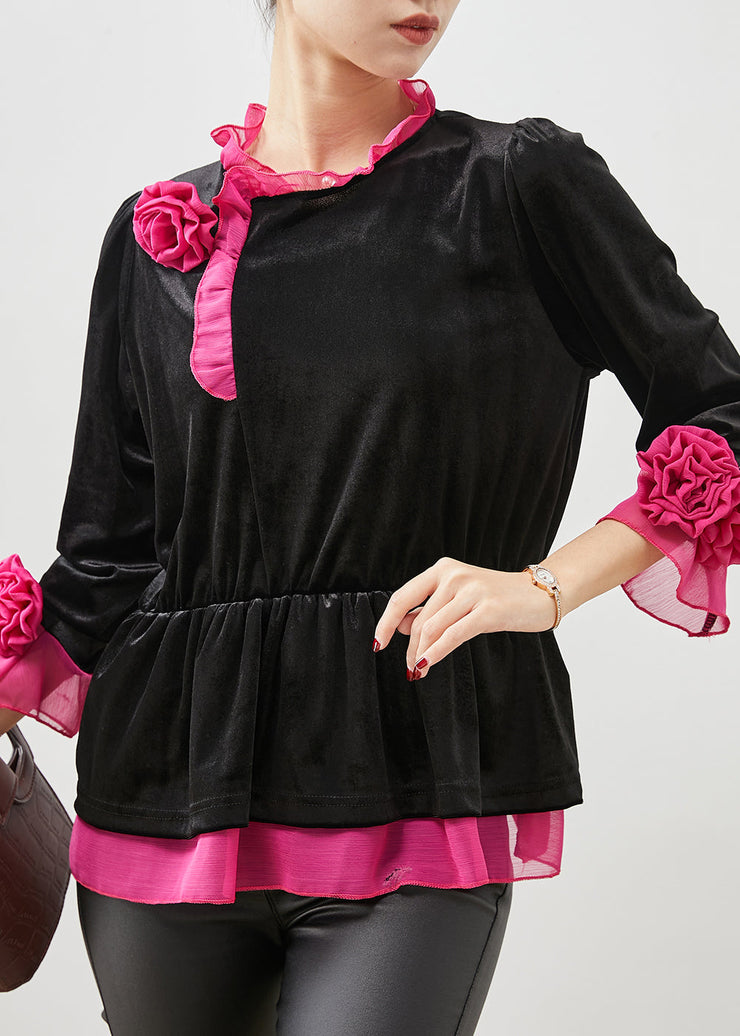 DIY Black Ruffled Patchwork Floral Silk Velour Blouses Spring