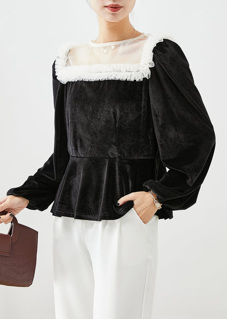 DIY Black Ruffled Patchwork Hollow Out Silk Velour Tops Fall