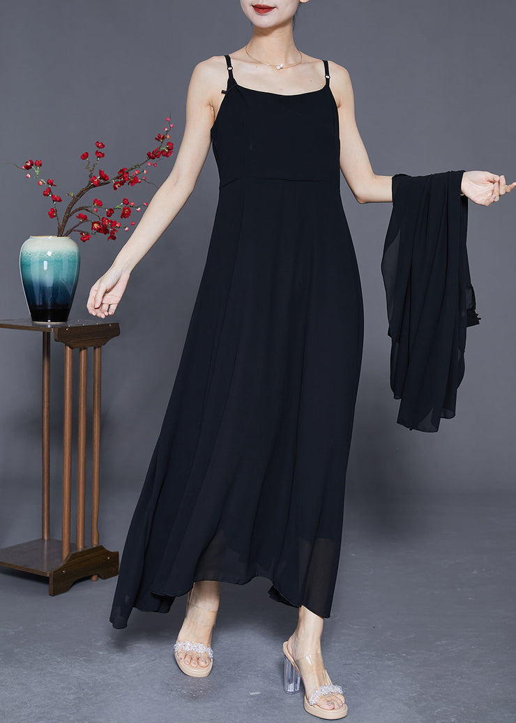 DIY Black Stand Collar Exra Large Hem Chiffon Dress Two Pieces Set Summer