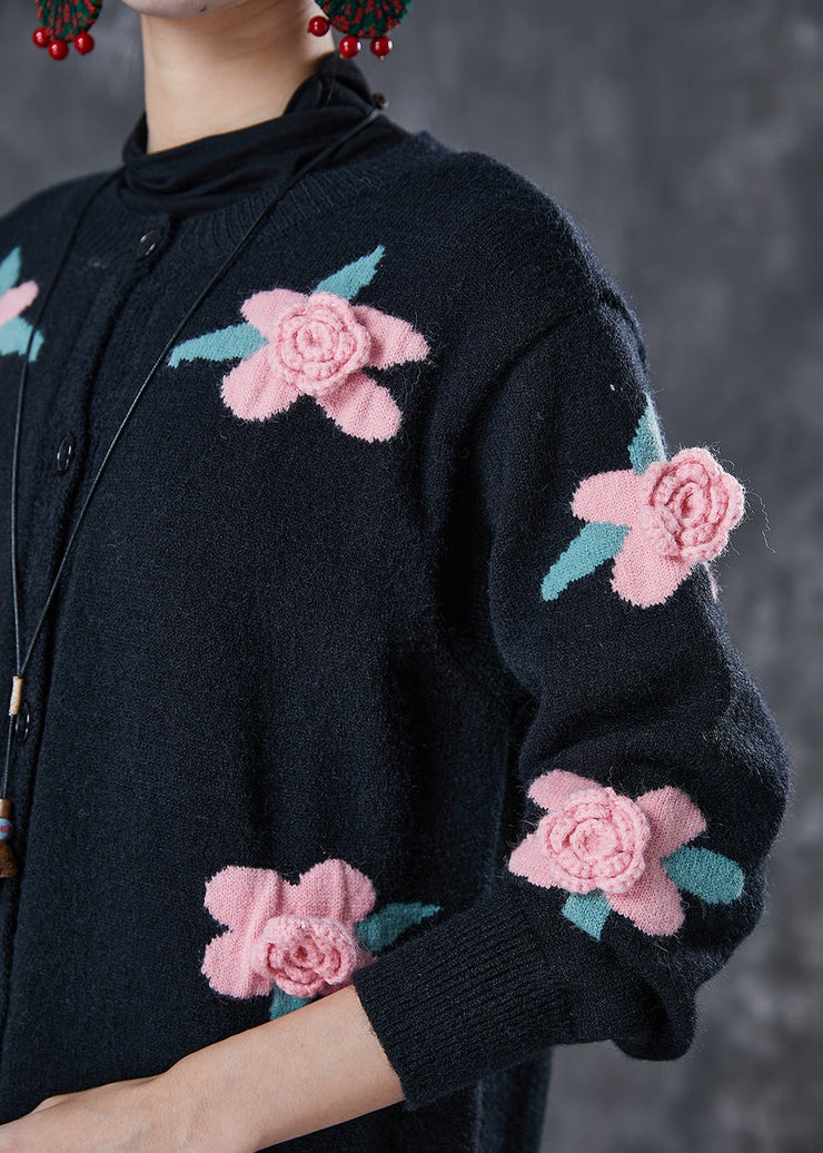 DIY Black Stereoscopic Floral Knit Cardigan Spring